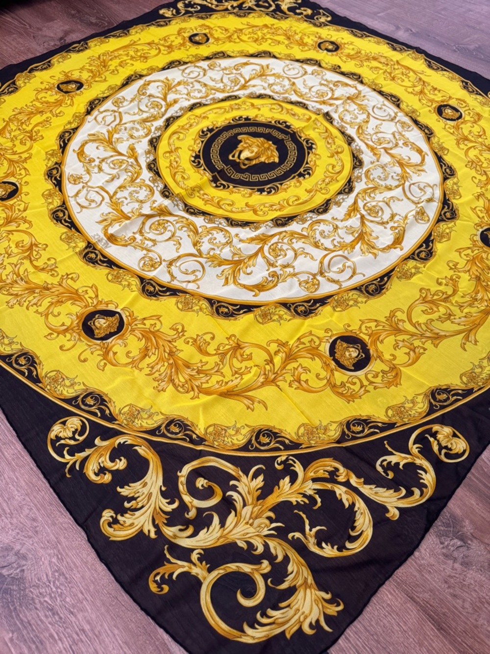 Vintage 100% Silk Versace Yellow Black Gold Baroque Scarf